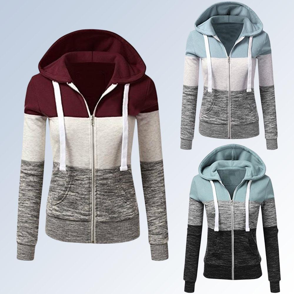 Vestes à capuche Patchwork femmes à capuche fermeture éclair en Polyester poche manteau décontracté cordon sweat-shirts femme vêtements d'extérieur
