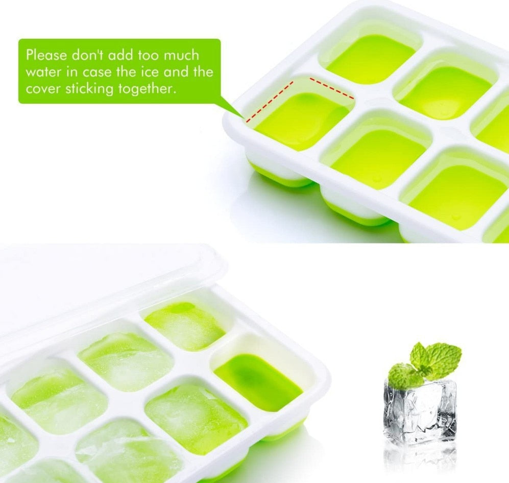 Square Silicone 14-Grid Ice Tray with Lid Soft Bottom Ice Cream Ice Cube Mold DIY
