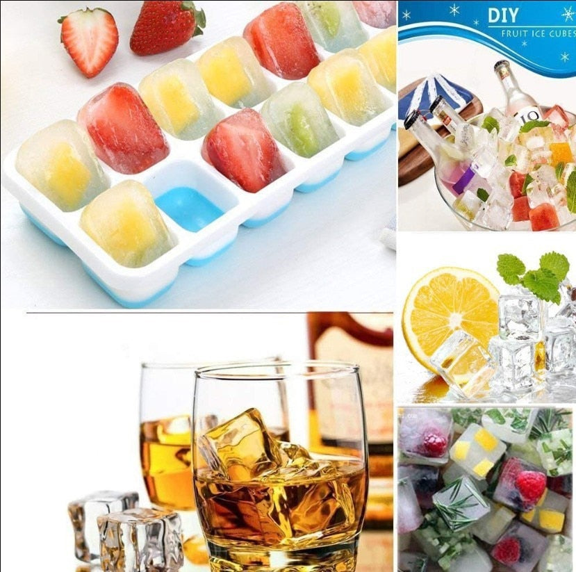 Square Silicone 14-Grid Ice Tray with Lid Soft Bottom Ice Cream Ice Cube Mold DIY