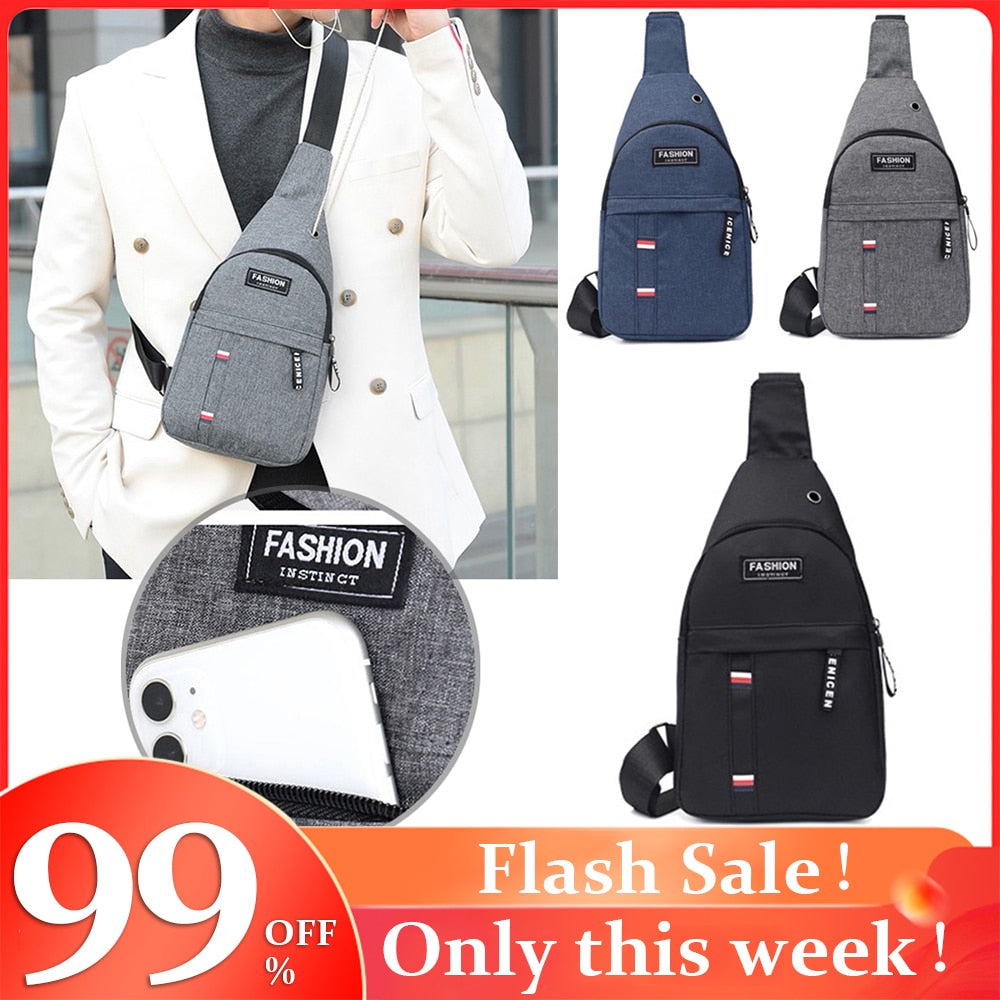 Fashion Men Solid Color Shoulder Crossbody Chest Bag with Earphone Hole Portable Nylon Travel Large Capacity Zipper Handbags