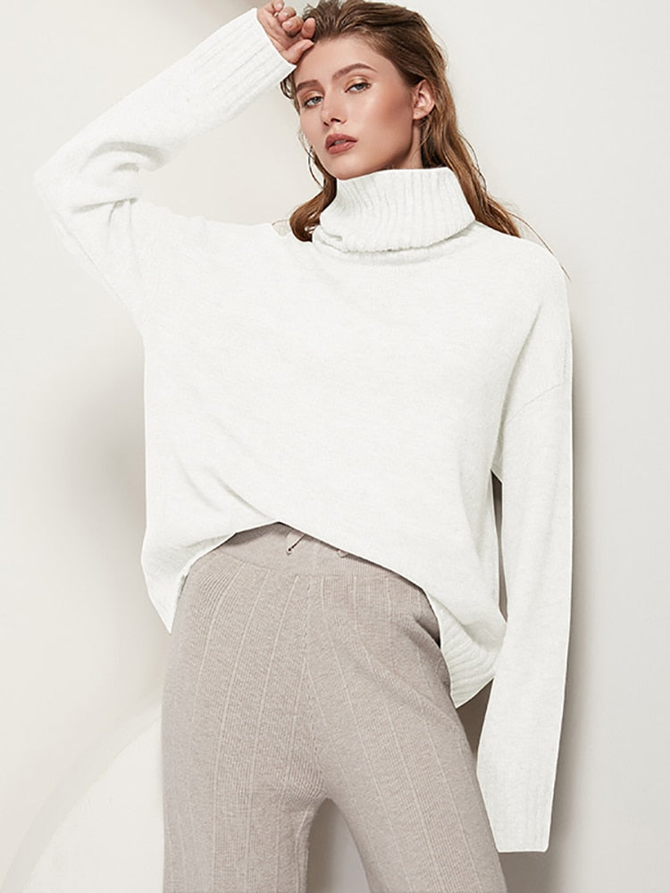 Aachoae Autumn Winter Women Knitted Turtleneck Wool Sweaters 2022 Casual Basic Pullover Jumper Batwing Long Sleeve Loose Tops