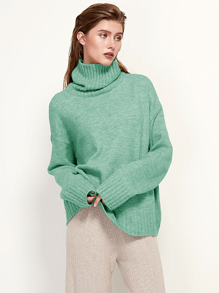 Aachoae Autumn Winter Women Knitted Turtleneck Wool Sweaters 2022 Casual Basic Pullover Jumper Batwing Long Sleeve Loose Tops