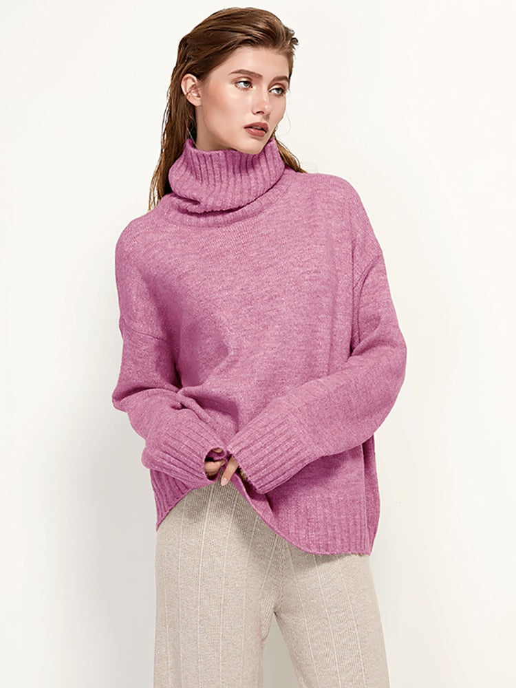 Aachoae Autumn Winter Women Knitted Turtleneck Wool Sweaters 2022 Casual Basic Pullover Jumper Batwing Long Sleeve Loose Tops