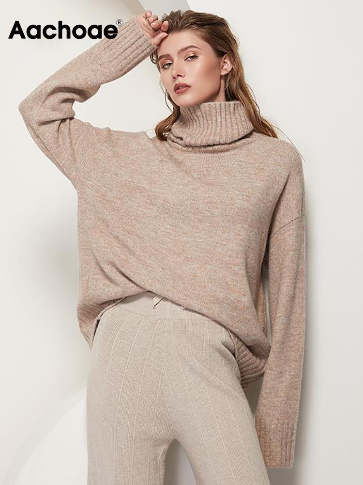 Aachoae Autumn Winter Women Knitted Turtleneck Wool Sweaters 2022 Casual Basic Pullover Jumper Batwing Long Sleeve Loose Tops