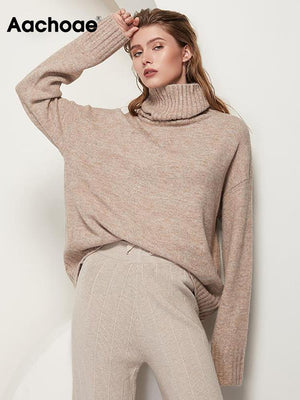Aachoae Autumn Winter Women Knitted Turtleneck Wool Sweaters 2022 Casual Basic Pullover Jumper Batwing Long Sleeve Loose Tops