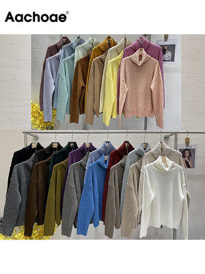 Aachoae Autumn Winter Women Knitted Turtleneck Wool Sweaters 2022 Casual Basic Pullover Jumper Batwing Long Sleeve Loose Tops