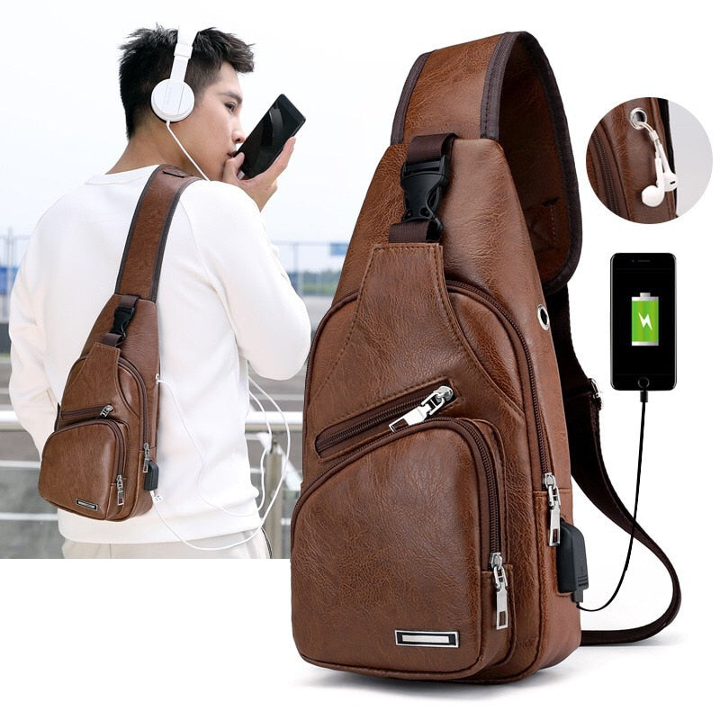 Travel Men&#39;s Crossbody Bags USB Chest Bag Designer Messenger Bag Leather Shoulder Bags Diagonal Package New Back Pack