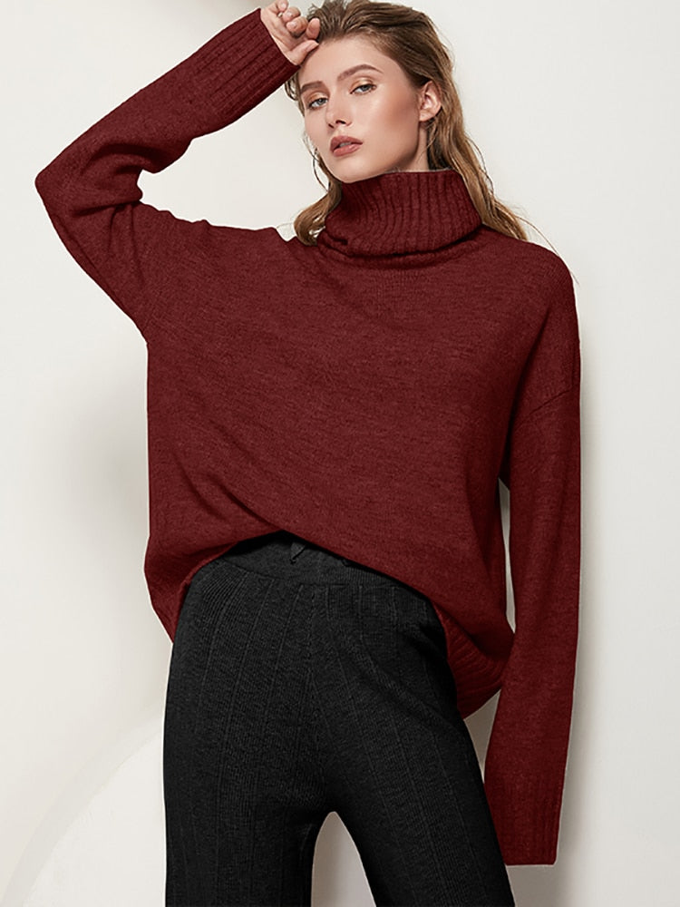 Aachoae Autumn Winter Women Knitted Turtleneck Wool Sweaters 2022 Casual Basic Pullover Jumper Batwing Long Sleeve Loose Tops