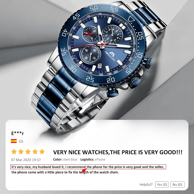 MEGALITH Watches Mens Waterproof Analogue Clock Stainless Steel Waterproof Luminous Watch Men Sports Relogio Masculino With Box